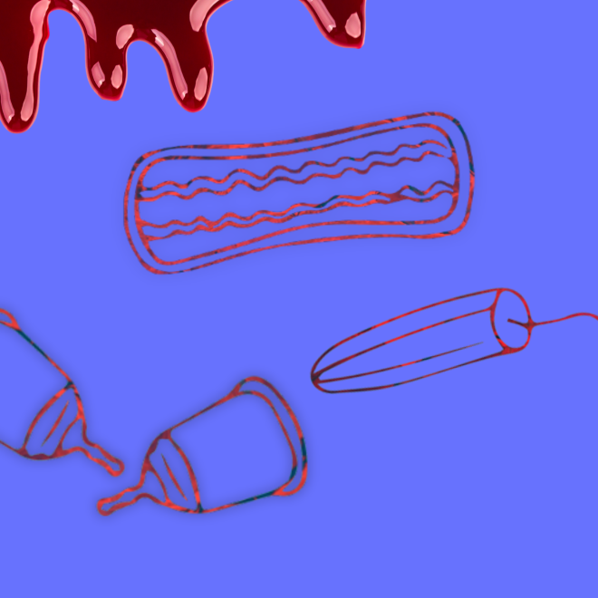 Menskoppar, binda och tampong. Blå bakgrundsfärg.