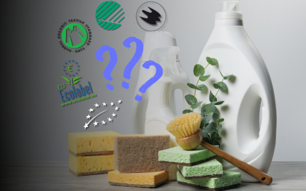 Hushållsprodukter och olika miljömärkningar, samt frågetecken.