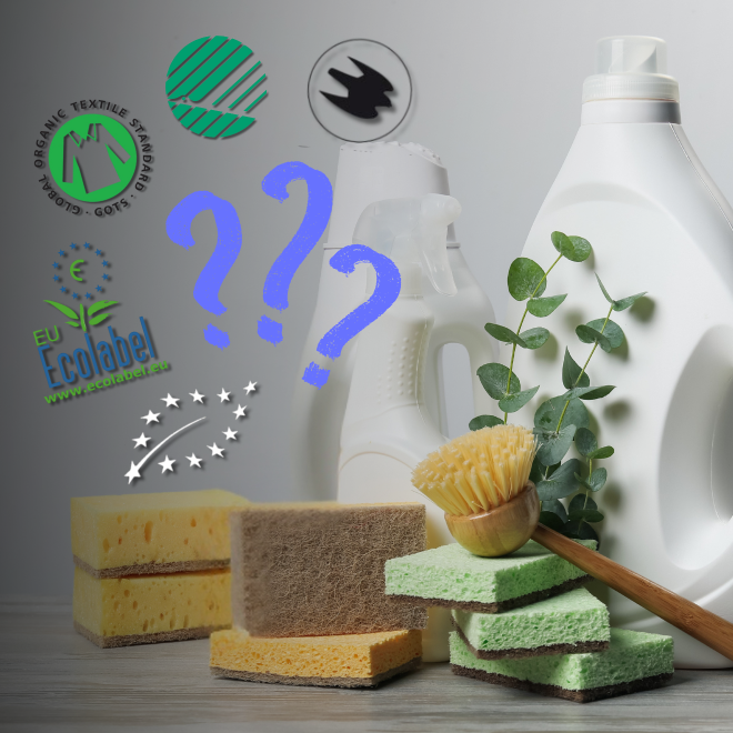 Hushållsprodukter och olika miljömärkningar, samt frågetecken.