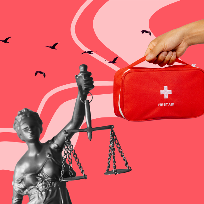 Collage med första hjälpen-kit och en staty som håller upp en våg.