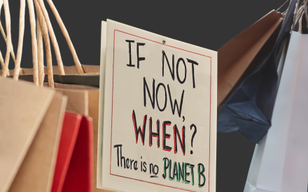 Stora shoppingpåsar bakom en skylt där det står "if not now, when? There is no planet b"