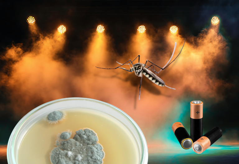 Mygga, mögelodling och batterier på en scen