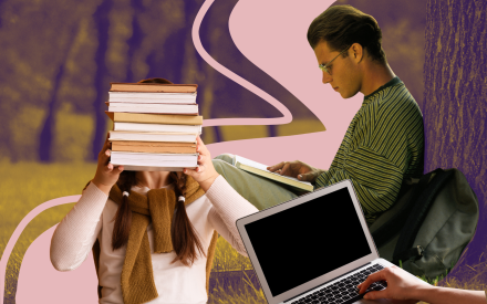 Collage, en person läser lutad mot ett träd, en person bär böcker och en dataskärm.