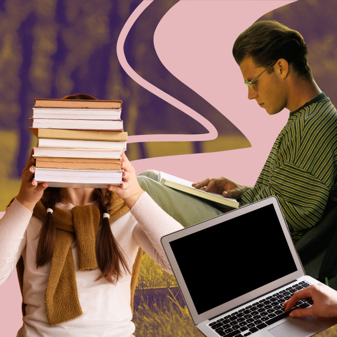 Collage, en person läser lutad mot ett träd, en person bär böcker och en dataskärm.