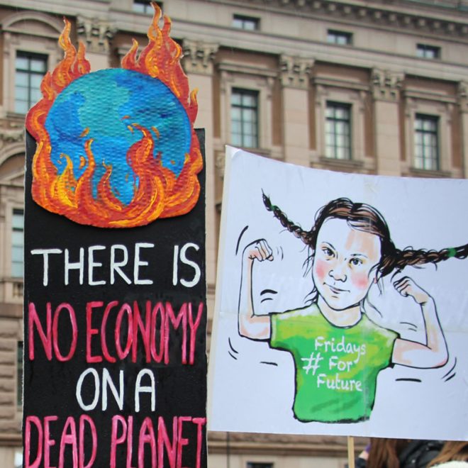KLimatdemonstration. Plakat med texten there is no economy on a dead planet.