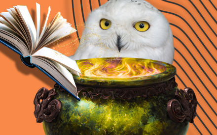 En "magisk blanding" bok som häller glitter i grytan och en vit uggla