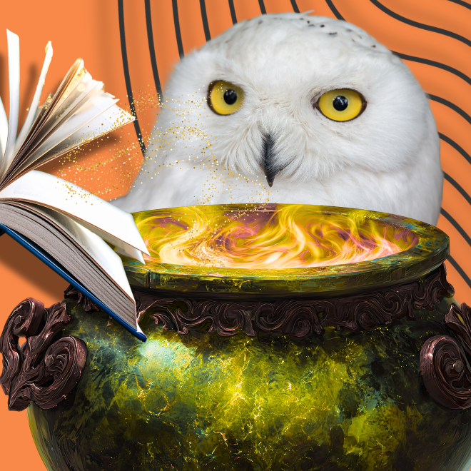 En "magisk blanding" bok som häller glitter i grytan och en vit uggla