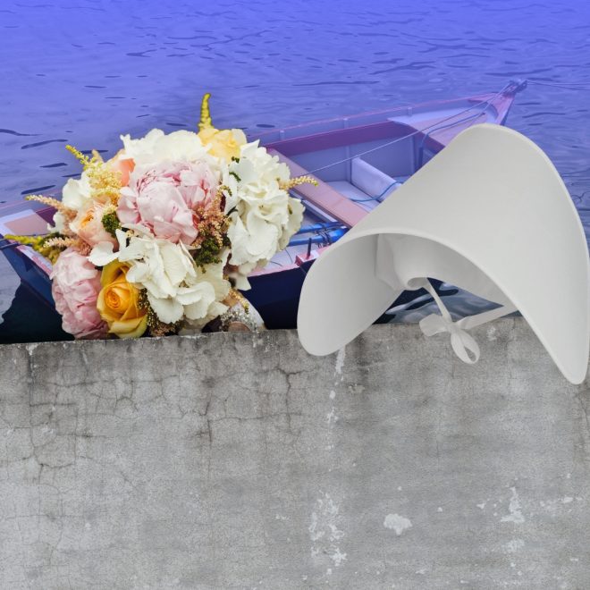 Kollage: brudbukett, eka, betongmur, bonnet