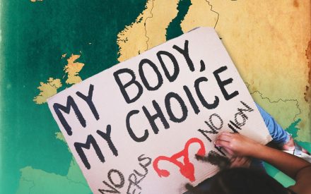 Kollage karta över Europa och protestskylt my body my choice