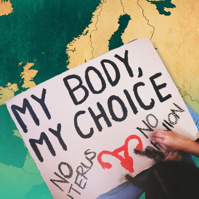 Kollage karta över Europa och protestskylt my body my choice