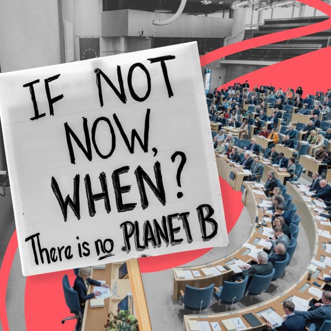 Kollage. Protestskylt med texten if not now when? Riksdagens kammare i bakgrunden