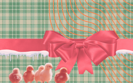 Grön rutig bakgrund, röd rosett, små kycklingar