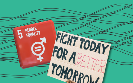 Grön bakgrund. Globala målet 5, demonstrationsskylt som säger Fight today for a better tomorrow