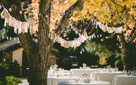 Dukat bufféetbord under ett träd på sommaren