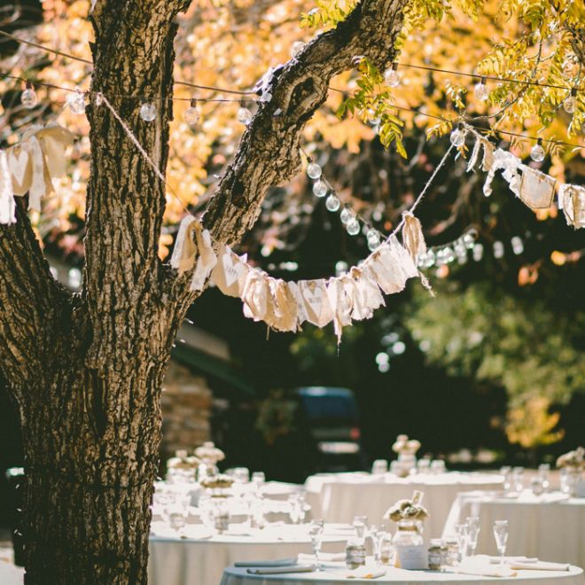 Dukat bufféetbord under ett träd på sommaren