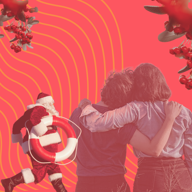 Jultomte med livboja i handen, barn som håller om varandra, lönnbär