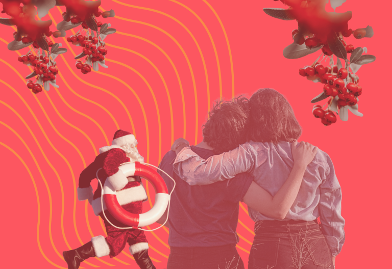 Jultomte med livboja i handen, barn som håller om varandra, lönnbär