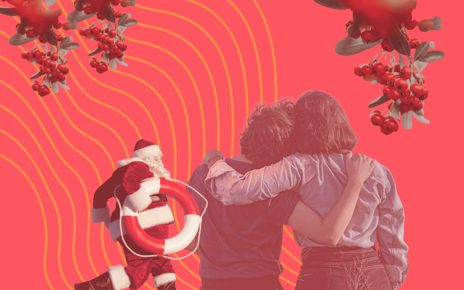 Jultomte med livboja i handen, barn som håller om varandra, lönnbär