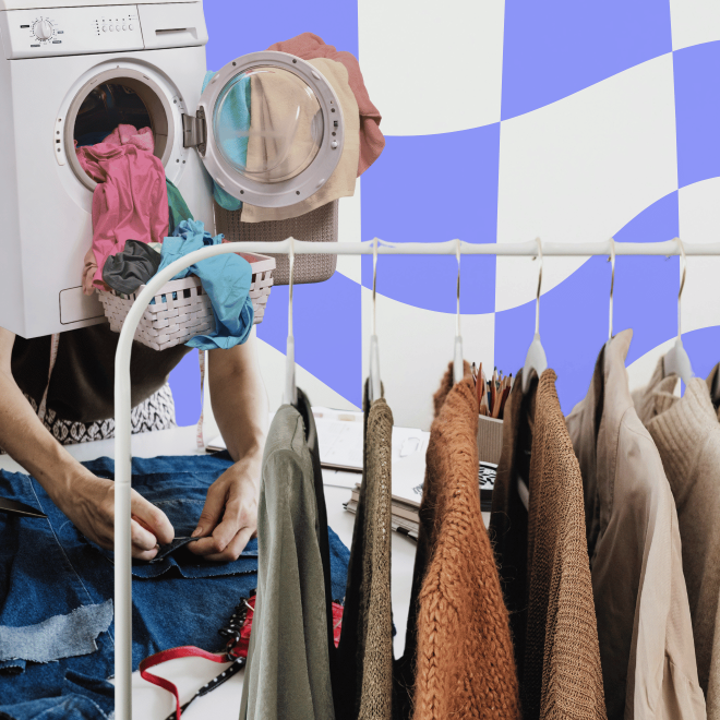 Kollage med tvättmaskin, kläder på hängare och person som syr.
