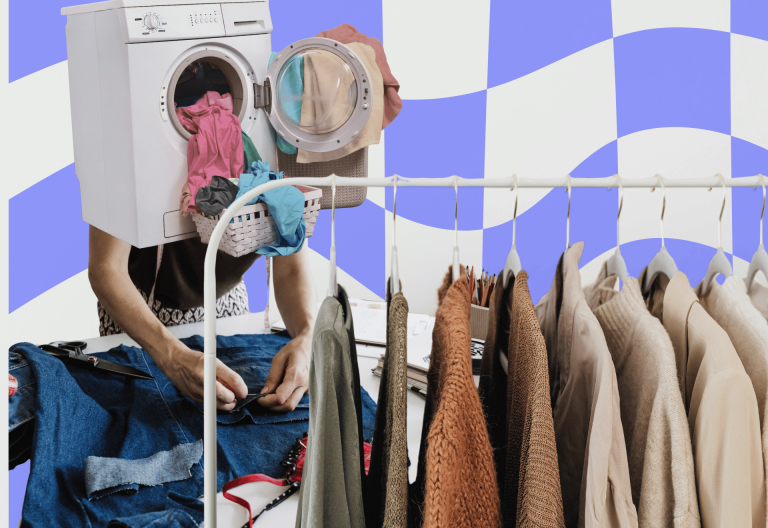 Kollage med tvättmaskin, kläder på hängare och person som syr.