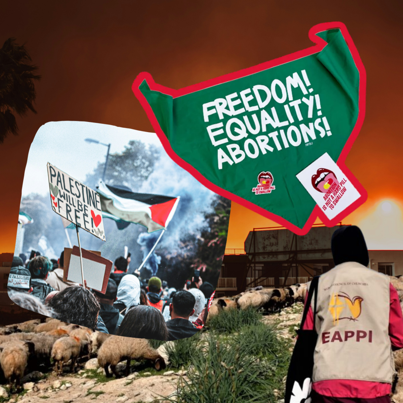 kollage av bränder, fåraherdar, demonstrationer och abortbudskap