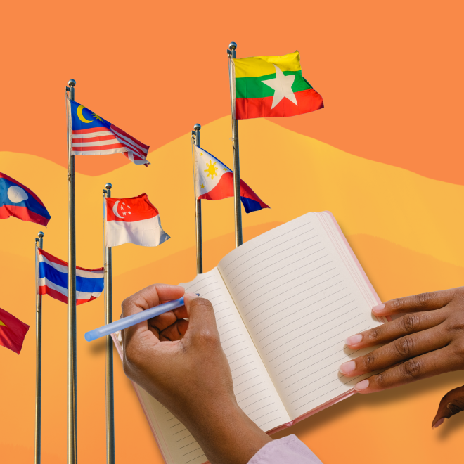 Flaggor från olika nationer, person skriver i ett anteckningsblock