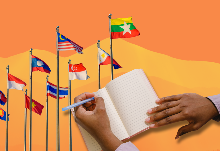 Flaggor från olika nationer, person skriver i ett anteckningsblock