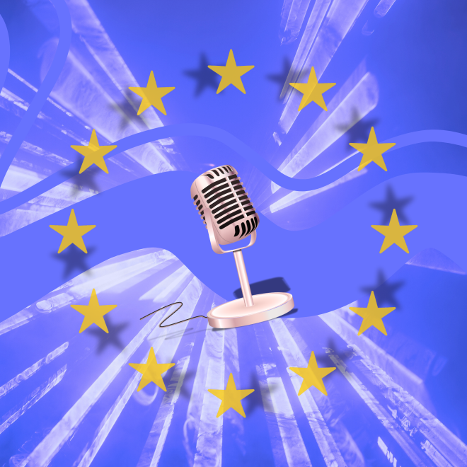 Gammal mikrofon med europeiska unionens stjärnor runt