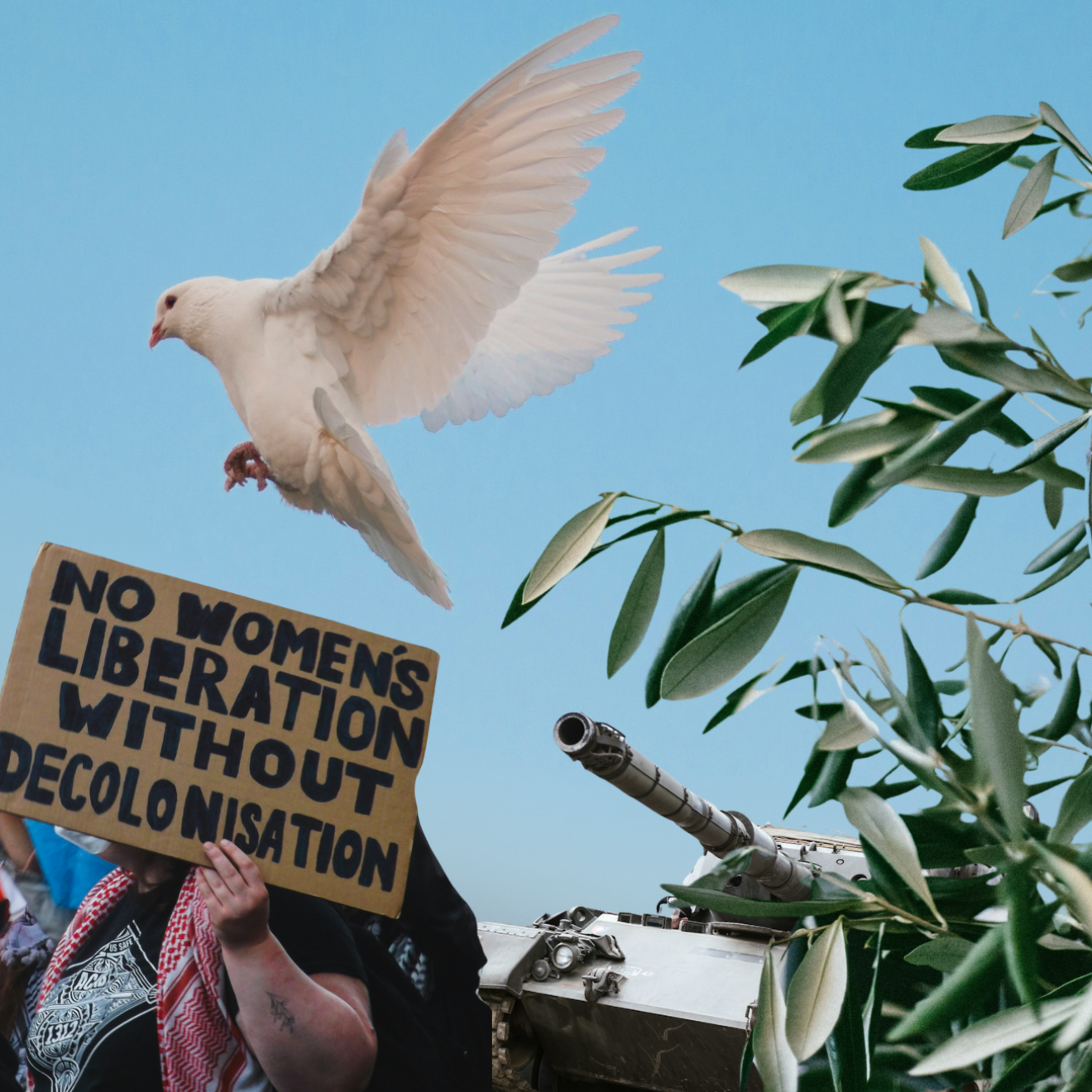 Kollage med vit duva, olivkvist, demonstrationsplaket och pansarvagn
