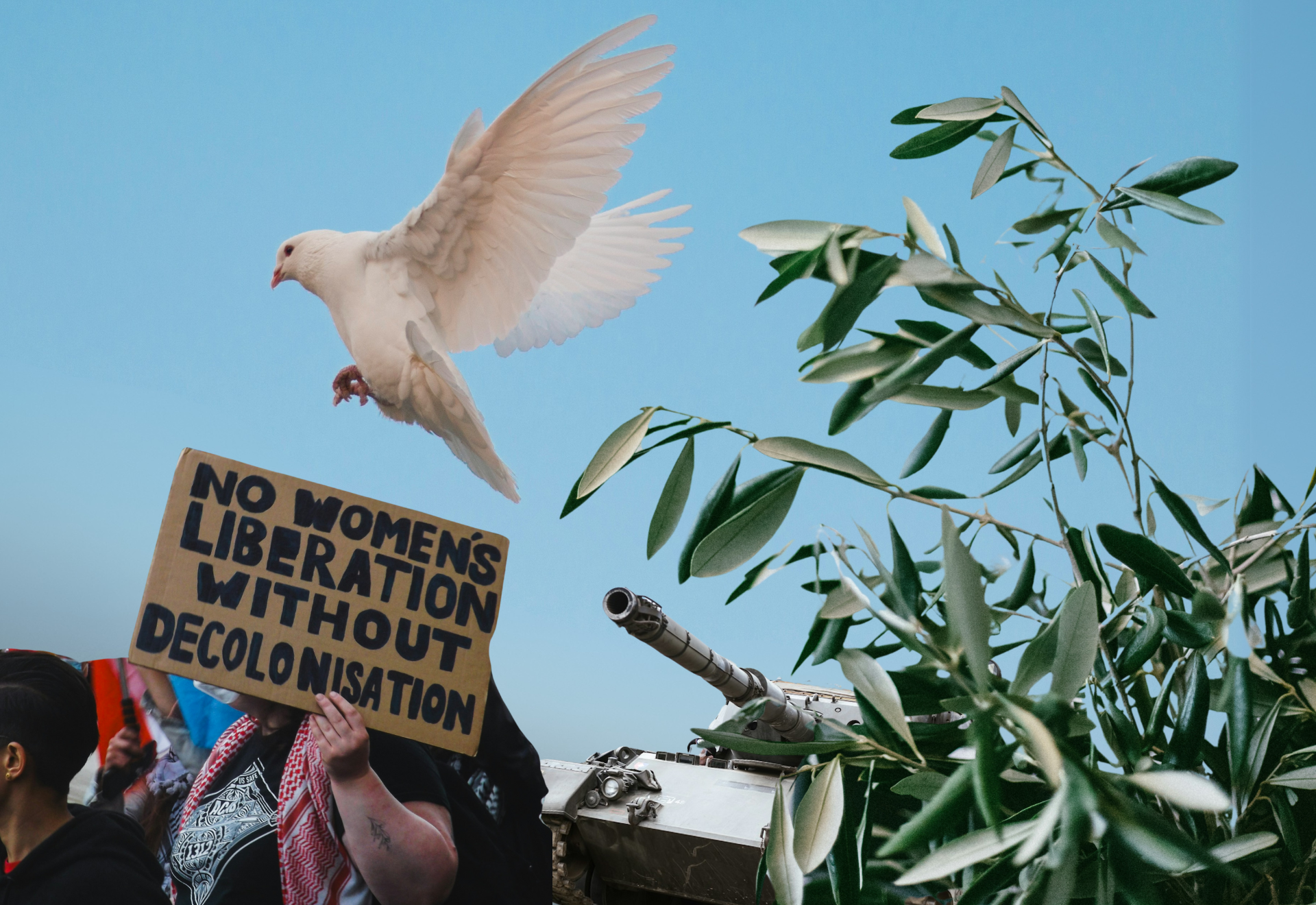 Kollage med vit duva, olivkvist, demonstrationsplaket och pansarvagn