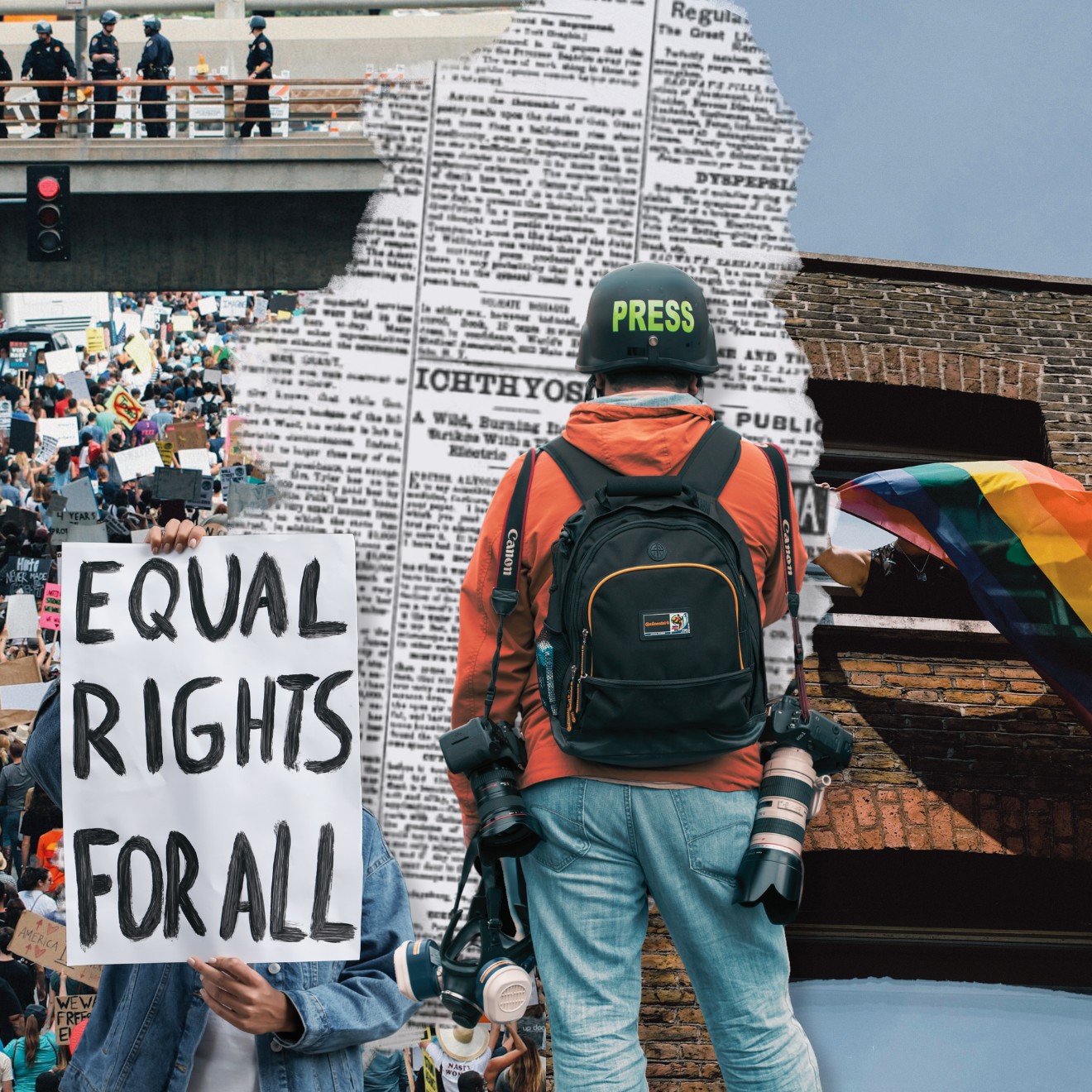 Kollage med bilder på människor som demonstrerar, en journalist och en person som viftar med en regnbågsflagga.