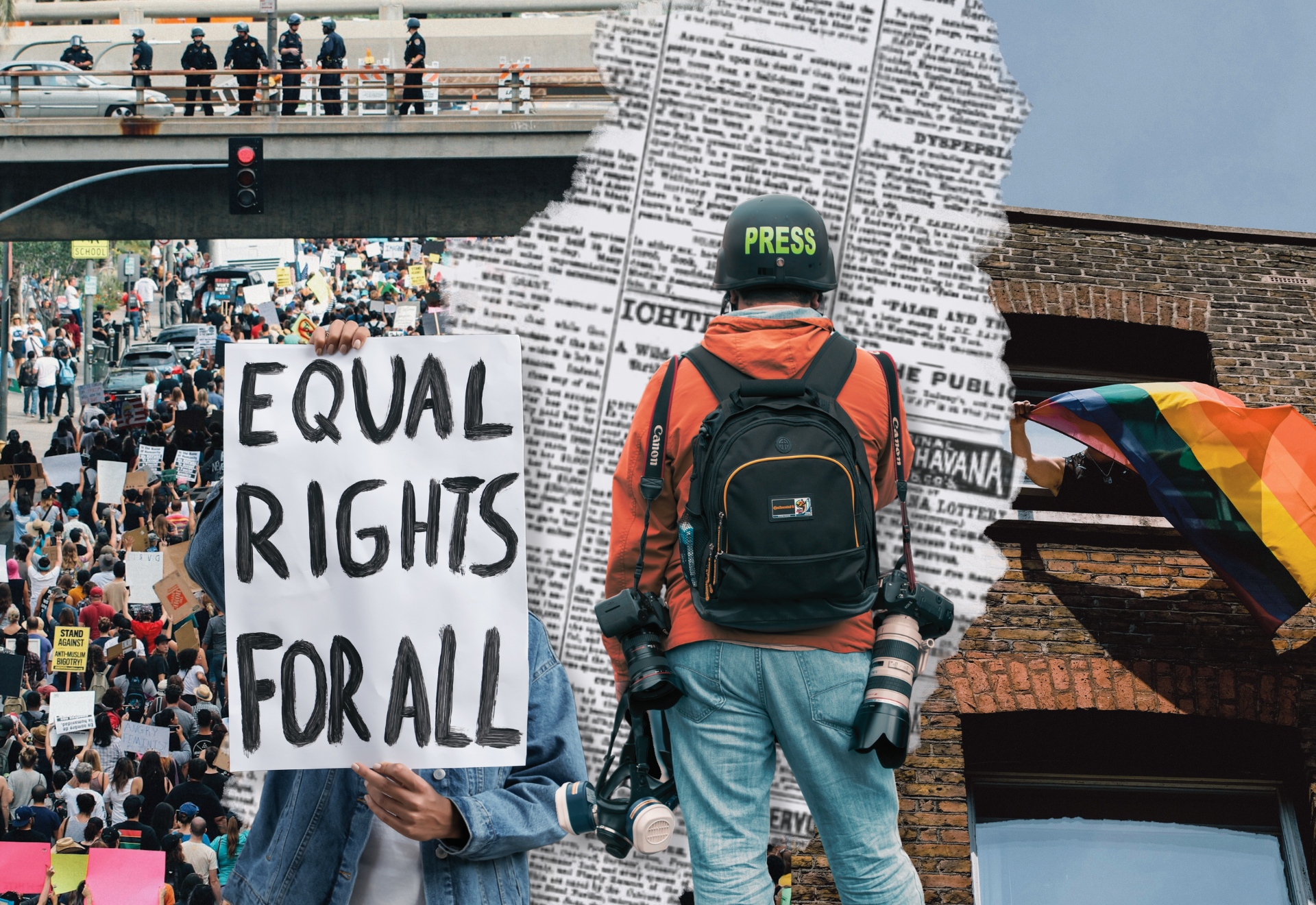 Kollage med bilder på människor som demonstrerar, en journalist och en person som viftar med en regnbågsflagga.