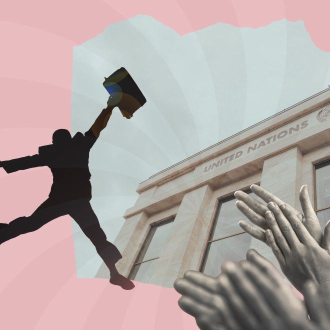 Rosa bakgrund. Person som hoppas av glädje. Händer som klappar. FN byggnad