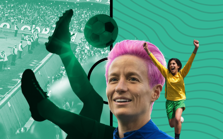 Collage med fotbollssupportrar, fotbollsskor och någon som gör en segergest