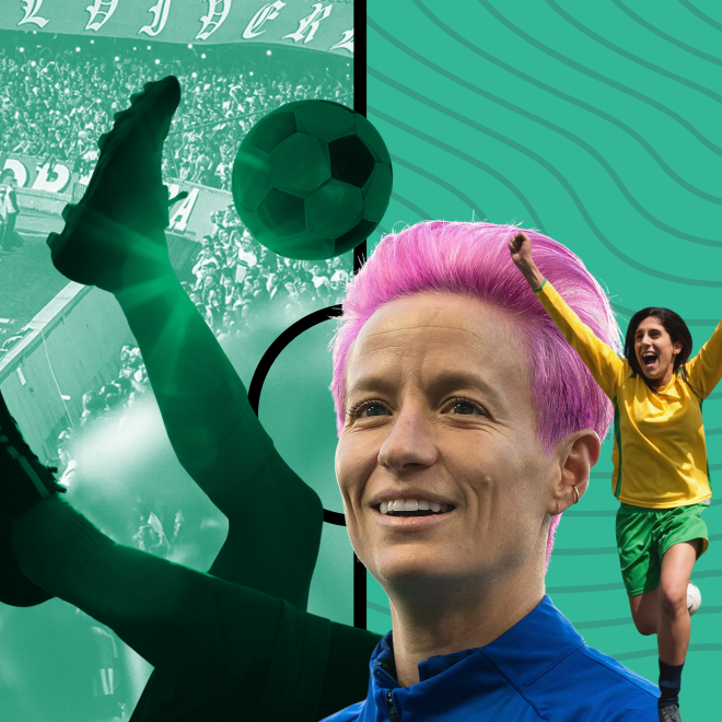 Collage med fotbollssupportrar, fotbollsskor och någon som gör en segergest