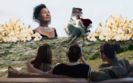 Collage där tre personer sitter i en soffa och tittar ut över ett landskap.