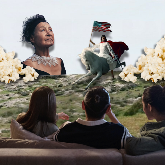 Collage där tre personer sitter i en soffa och tittar ut över ett landskap.