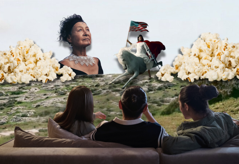 Collage där tre personer sitter i en soffa och tittar ut över ett landskap.