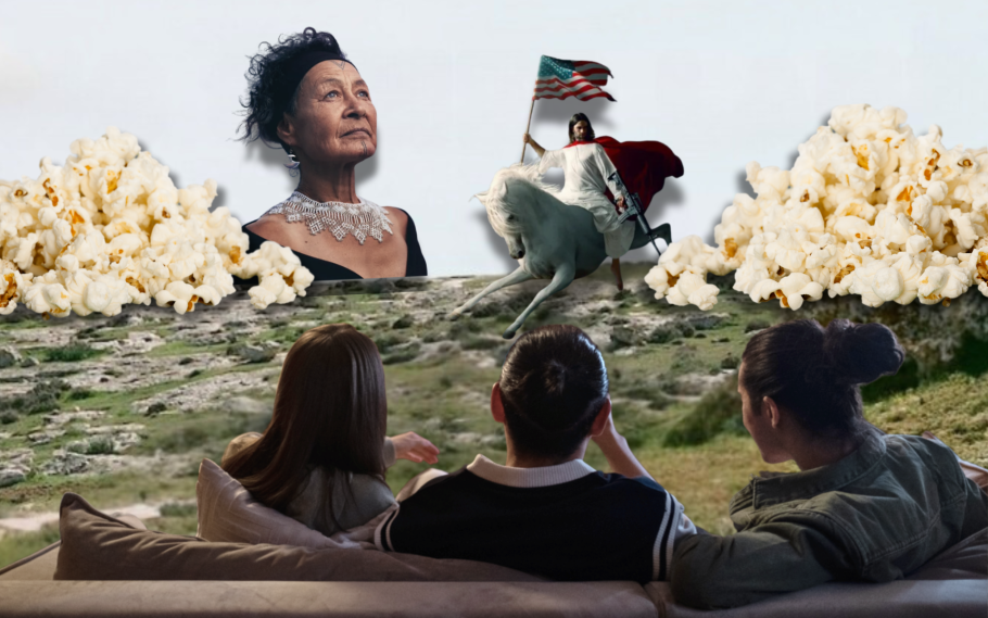 Collage där tre personer sitter i en soffa och tittar ut över ett landskap.