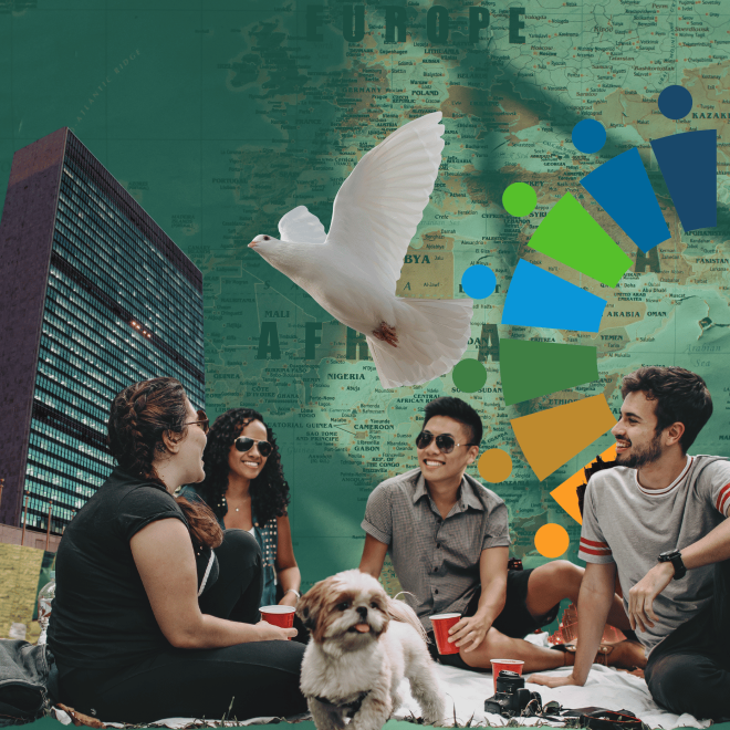 Kollage. Vänner pratar med varandra. FN-skrapan i New York. Duva. Agenda-2030 ikon.