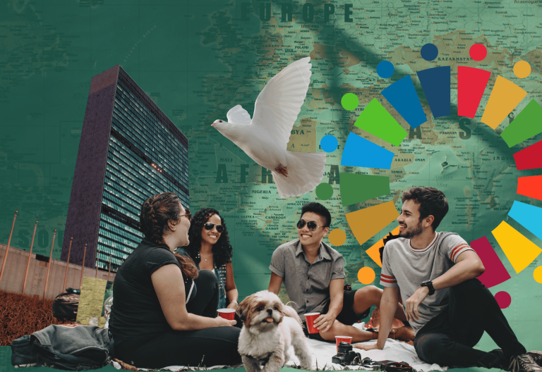 Kollage. Vänner pratar med varandra. FN-skrapan i New York. Duva. Agenda-2030 ikon.