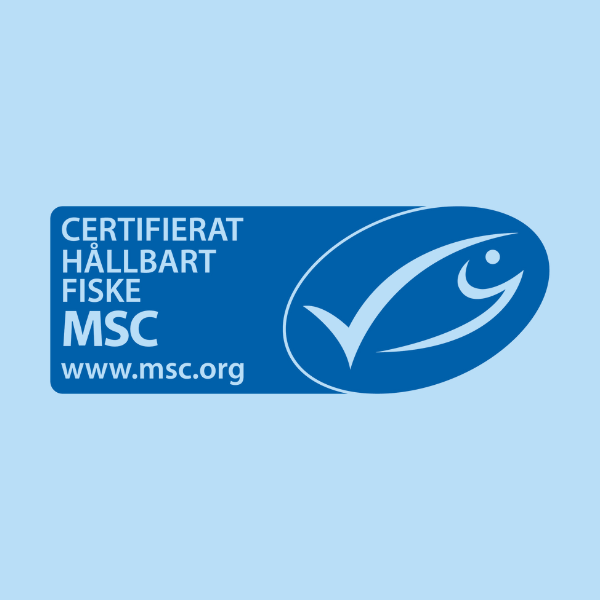 MSC-märkning, logotyp mot blå bakgrund