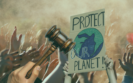 händer upp i luften. skylt med protect our planet och en domstolsklubba