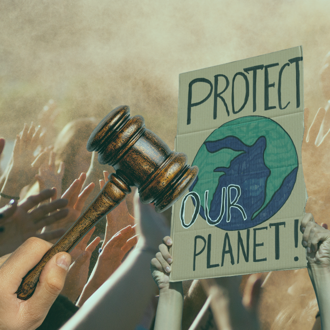 händer upp i luften. skylt med protect our planet och en domstolsklubba