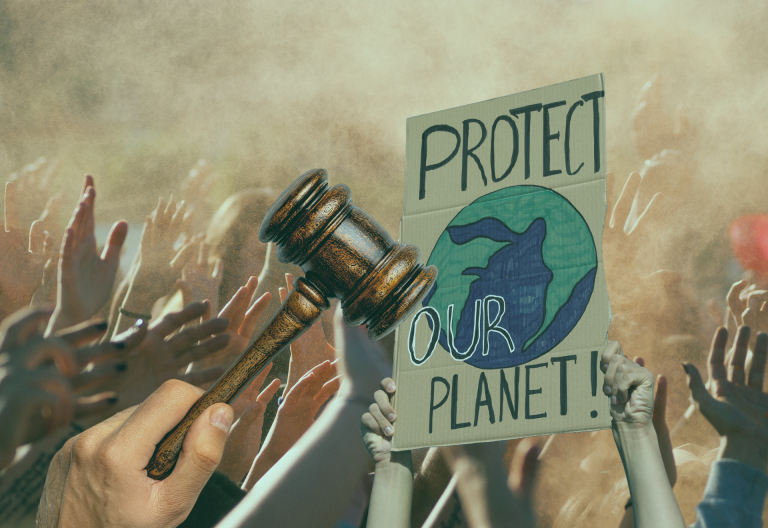 händer upp i luften. skylt med protect our planet och en domstolsklubba
