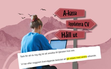 Bild på person som sitter med dator. Text från mail där det står att "vi har gått vidare med andra ansökande"