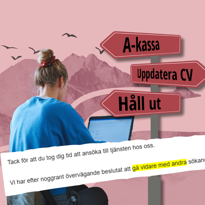 Bild på person som sitter med dator. Text från mail där det står att "vi har gått vidare med andra ansökande"