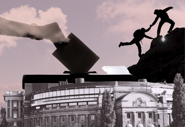 Riksdagen i förgrunden, två personer klättrar uppför ett berg i bakgrunden. En hand sticker fram och stoppar ner en valsedel i en valurna.