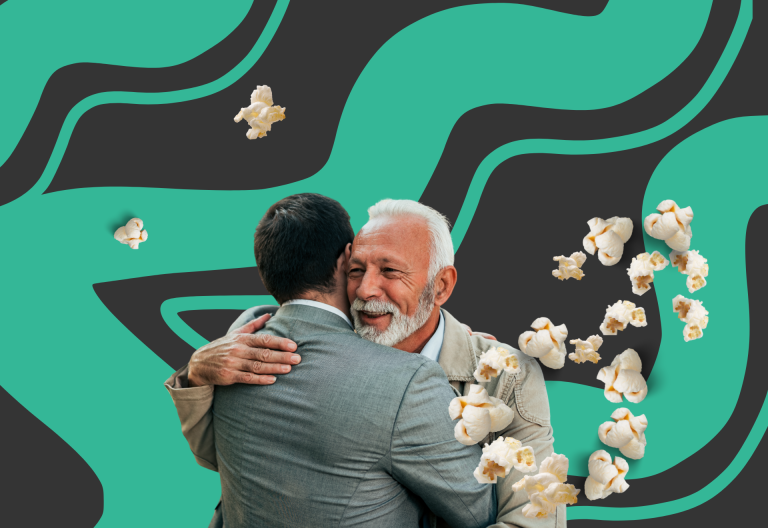 Bakgrunden är grön med mörkbruna sträck. Två män kramas och till höger är symbolen för män gjord av popcorn.