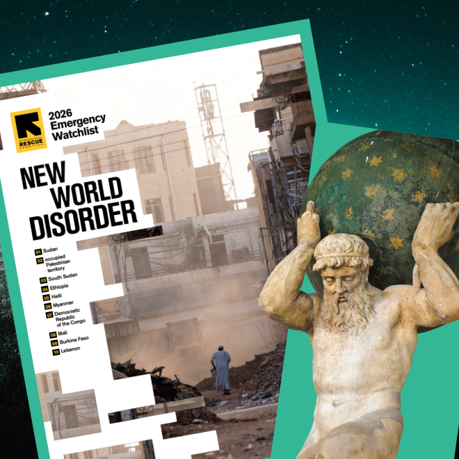 Rapporten Emergency Watchlist och statyn Atlas som bär upp ett jordklot. Bakgrund är jorden med grönt ljus.